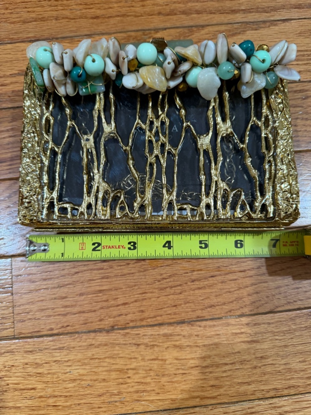 RAMLA(ZEINA)Gold Beaded Floral Accent Evening Bag - Green & Cream Embellishments - Picture 9 of 11